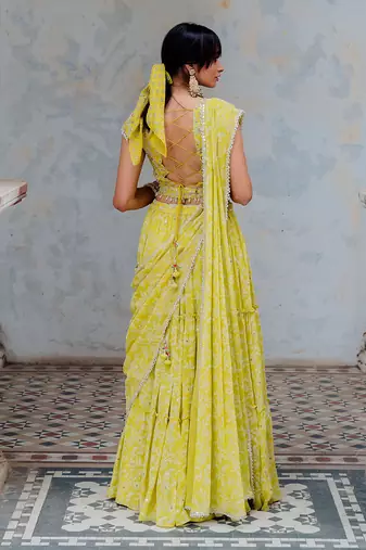 Moss Green Georgette Tiered Skirt With Draped Dupatta Set