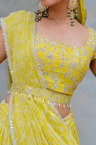Moss Green Georgette Tiered Skirt With Draped Dupatta Set