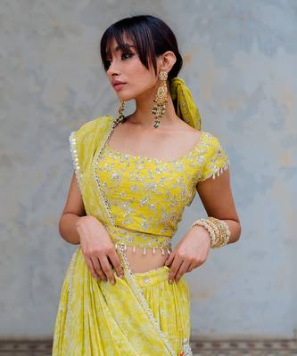 Moss Green Georgette Tiered Skirt With Draped Dupatta Set 5