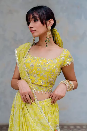 Moss Green Georgette Tiered Skirt With Draped Dupatta Set