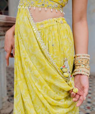 Moss Green Georgette Tiered Skirt With Draped Dupatta Set 6