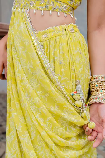 Moss Green Georgette Tiered Skirt With Draped Dupatta Set