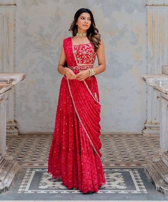 Cherry Red Georgette Tiered Skirt With Draped Dupatta Set 1