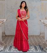 Cherry Red Georgette Tiered Skirt With Draped Dupatta Set