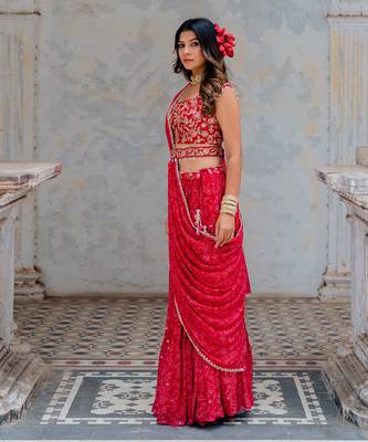 Cherry Red Georgette Tiered Skirt With Draped Dupatta Set 2