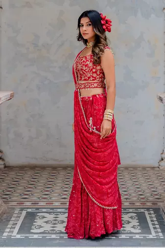 Cherry Red Georgette Tiered Skirt With Draped Dupatta Set