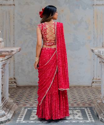 Cherry Red Georgette Tiered Skirt With Draped Dupatta Set 3