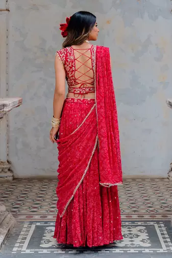 Cherry Red Georgette Tiered Skirt With Draped Dupatta Set