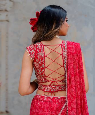 Cherry Red Georgette Tiered Skirt With Draped Dupatta Set 4