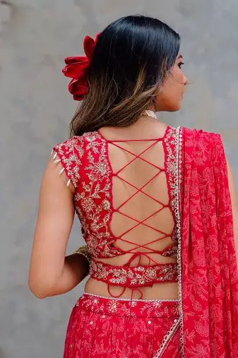 Cherry Red Georgette Tiered Skirt With Draped Dupatta Set