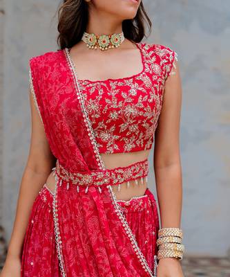 Cherry Red Georgette Tiered Skirt With Draped Dupatta Set 5