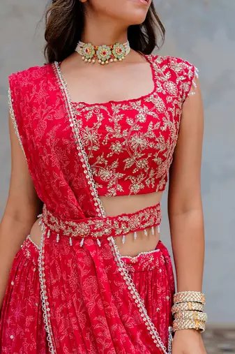 Cherry Red Georgette Tiered Skirt With Draped Dupatta Set