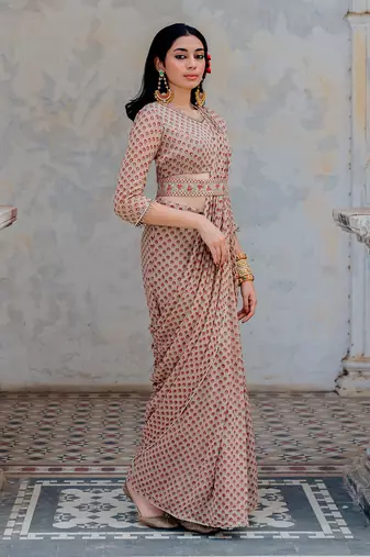 Warm Grey Georgette Draped Saree With Belt Set