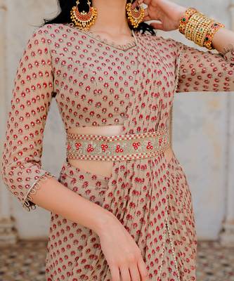 Warm Grey Georgette Draped Saree With Belt Set 5