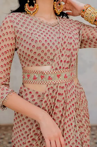 Warm Grey Georgette Draped Saree With Belt Set