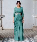 Sea Green Georgette Draped Saree With Belt Set