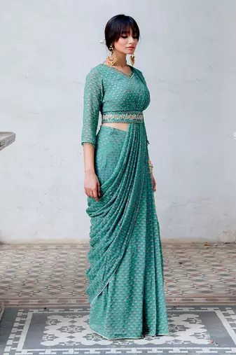 Sea Green Georgette Draped Saree With Belt Set