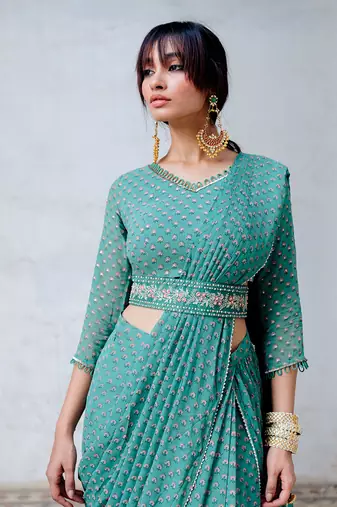 Sea Green Georgette Draped Saree With Belt Set