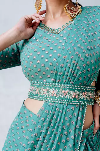 Sea Green Georgette Draped Saree With Belt Set