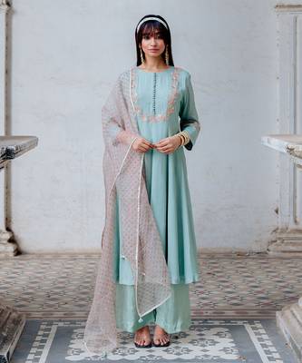 Aqua Chiffon Flared Anarkali Set 1