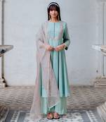 Aqua Chiffon Flared Anarkali Set
