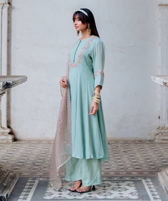 Aqua Chiffon Flared Anarkali Set 2
