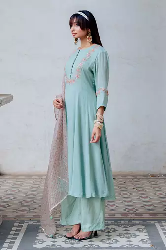 Aqua Chiffon Flared Anarkali Set