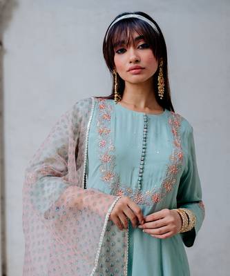Aqua Chiffon Flared Anarkali Set 3