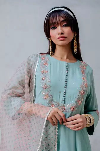 Aqua Chiffon Flared Anarkali Set