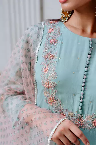 Aqua Chiffon Flared Anarkali Set