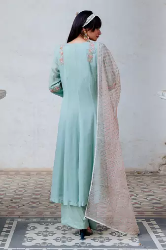 Aqua Chiffon Flared Anarkali Set