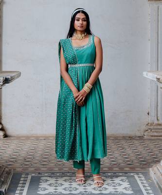 Sea Green  Cotton Anarkali With Belt Set 1