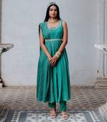 Sea Green  Cotton Anarkali With Belt Set