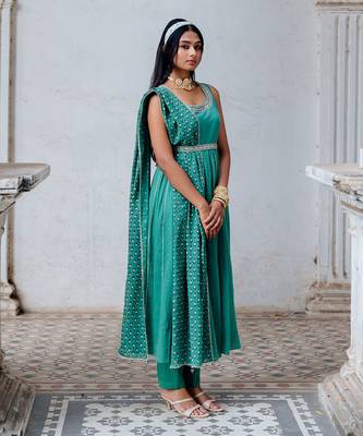 Sea Green  Cotton Anarkali With Belt Set 2