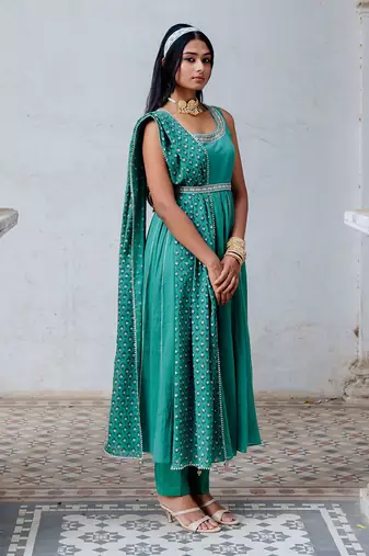 Sea Green  Cotton Anarkali With Belt Set