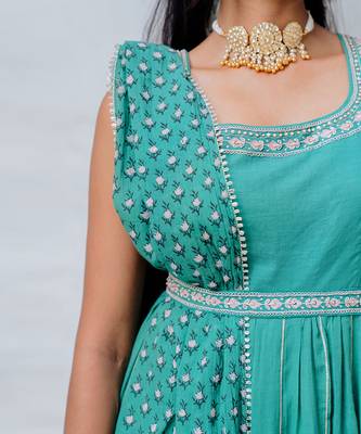 Sea Green  Cotton Anarkali With Belt Set 3