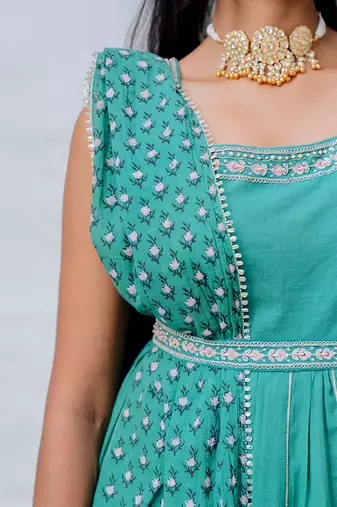 Sea Green  Cotton Anarkali With Belt Set