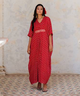 Cherry Red Georgette Floral Booti Kaftan 1