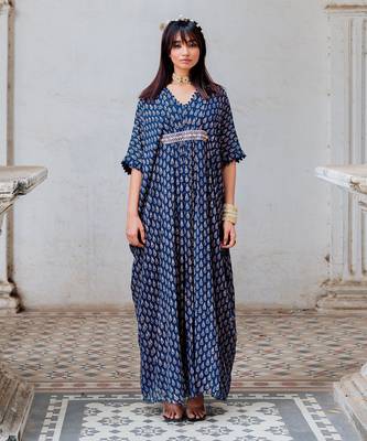 Indigo Georgette Floral Booti Kaftan 1