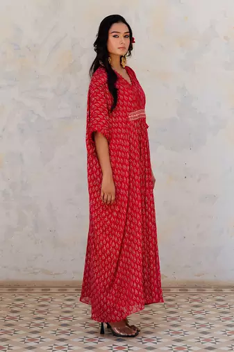 Cherry Red Georgette Floral Booti Kaftan