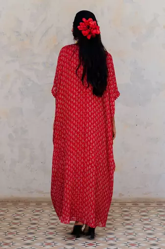 Cherry Red Georgette Floral Booti Kaftan