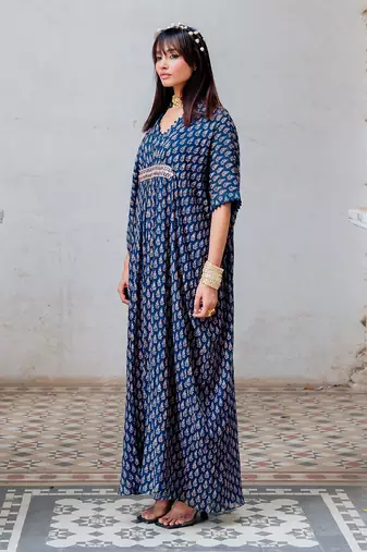 Indigo Georgette Floral Booti Kaftan