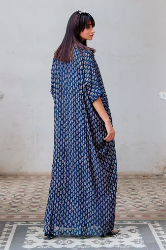 Indigo Georgette Floral Booti Kaftan