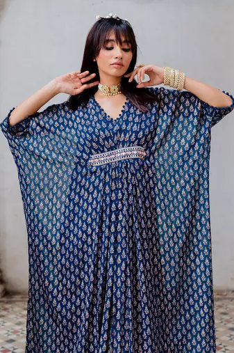 Indigo Georgette Floral Booti Kaftan