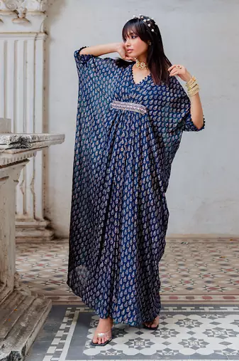 Indigo Georgette Floral Booti Kaftan