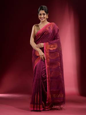 Iris Purple Blended Cotton Handwoven Saree With Woven Zari Paisley Motifs And Floral Designs 1