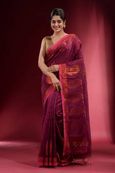 Iris Purple Blended Cotton Handwoven Saree With Woven Zari Paisley Motifs And Floral Designs