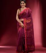 Iris Purple Blended Cotton Handwoven Saree With Woven Zari Paisley Motifs And Floral Designs