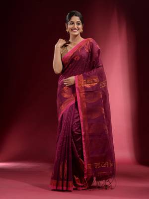 Iris Purple Blended Cotton Handwoven Saree With Woven Zari Paisley Motifs And Floral Designs 2