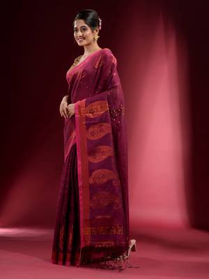 Iris Purple Blended Cotton Handwoven Saree With Woven Zari Paisley Motifs And Floral Designs 3